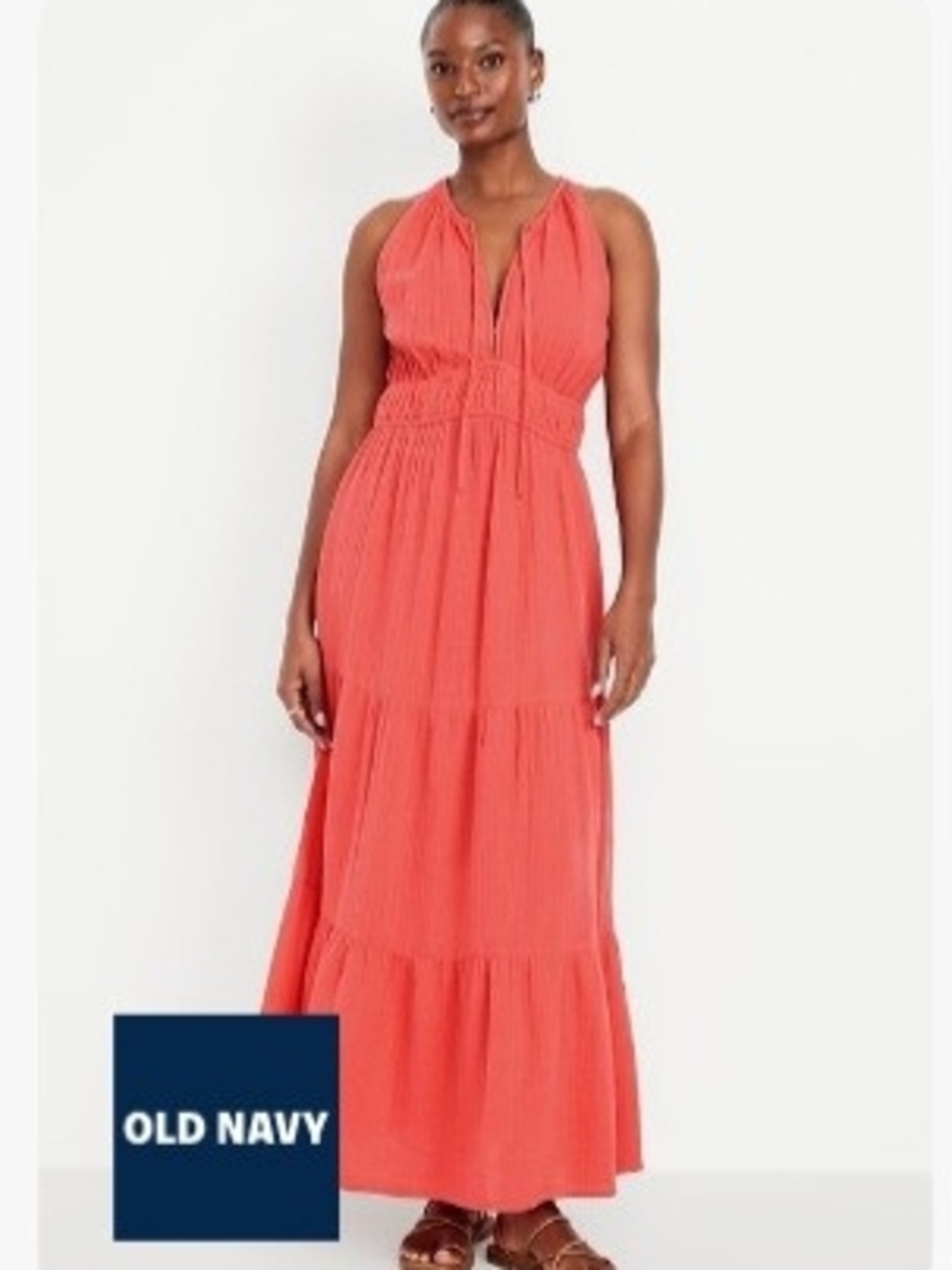 Old Navy Coral Sleeveless Cotton Tiered Halter Maxi Dress Sz XL